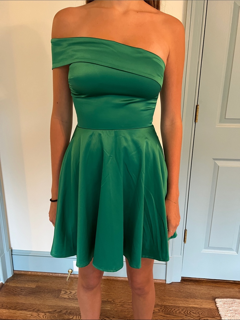 City Studio One-Shoulder Emerald Green Satin Fit-and-Flare Dress